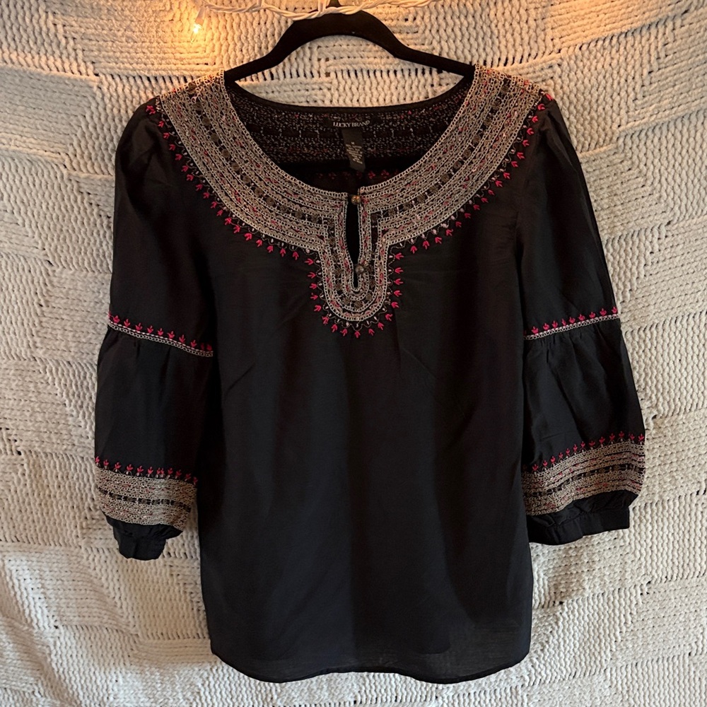 Lucky Brand Black Tunic with Pink and Silver Embroidery
